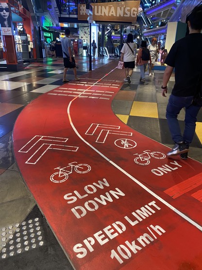 Red bike lane in the middle of a shopping mall in Singapore. It says “slow down, speed limit 10km/h”